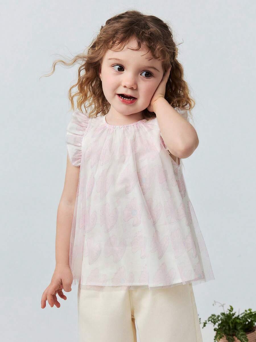 Áo thun ngắn tay cho bé gái, chất liệu cotton thoáng khí, thiết kế lưới sóng dễ thương, tay bồng đáng yêu, thích hợp mặc mùa hè 2026. - tông màu trắng đỏ - Xem 1
