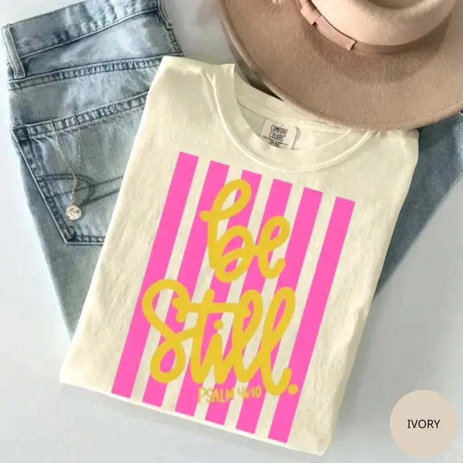 [100% Cotton] Be Still Shirt - Love Like Jesus Girly Pink Stripes T-Shirt Coquette Aesthetic Faith Spring Tee Unisex Women's & Men's Campus Daily Wear - 黃色 - 查看 1