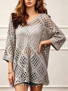 Suéter Casual Elegante com Decote V Vazado para Mulheres Plus Size, Cor Sólida, Adequado para Praia, Férias, Primavera/Verão, Férias Plus Size - Cinza - Visão 2