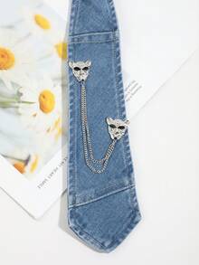 1pc Unisex Fashion Casual Minimalist Denim Style Owl & Leopard Head Chain Decor Clip-On Tie, Comfortable Versatile For Daily, Party, Date Matching - Blue - View 6