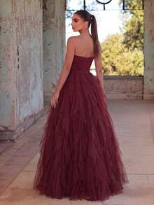 Faeriesty 浪漫无肩带婚纱，层叠荷叶边薄纱裙摆，A字廓形，完美适用于经典婚礼、毕业典礼、晚宴等场合。 - 酒紅色 - 查看 7