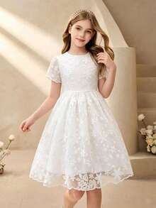 Đầm ren trắng tay ngắn cổ tròn cho bé gái, đầm ren trắng mùa xuân/hè cho bé gái, thanh lịch và duyên dáng, thích hợp cho đám cưới, tiệc tùng, họp mặt và các dịp khác, đầm công chúa. - trắng - Xem 3
