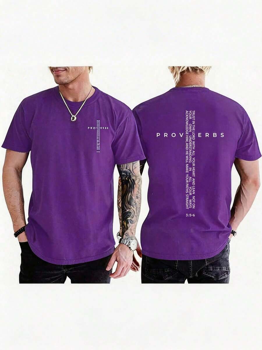 Men Vintage Christian Cross Bible Verse Tee, Jesus Faith Inspirational Cotton Short Sleeve Streetwear Top, Daily Gift For Boyfriend Husband - 紫羅蘭色 - 查看 1