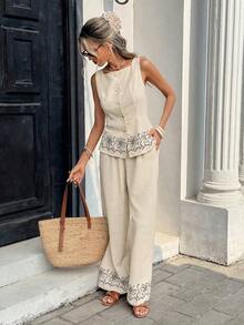 Women's Floral Print Single-Breasted Vest And Pants Casual 2 Pieces Set Summer,Imitation Embroidery Floral Print Design,Contrast Print Sleeveless Top + High-Waisted Wide-Leg Pants Two-Piece Set, Beige Two Piece Set, Summer Pant Set, Linen Two Piece Set, Boho Two Piece Set,Slimming Casual Set,Summer Vacation Outfits,Holiday Outfits For Women, Summer Outfits For Women , Spring To Summer - Màu be - Xem 6