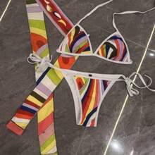 Women's Colorful Striped Triangle Bikini Set With Tie Back And Side Straps For Beach Vacation - Burnt Orange - View 4