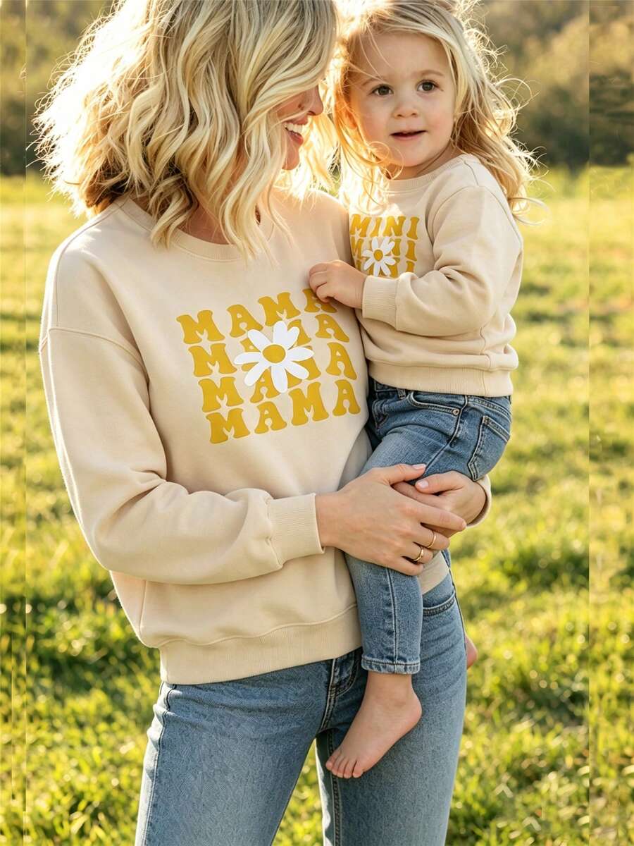 Mommy And Me Matching Outfits Christmas/Halloween Matching Sweatshirts Mama/Mini Letter And Bowknot Embroidery Long Sleeve Crewneck Pullover Shirt Blouse Top Mom And Daughter Matching Holiday Party Clothes - 杏色 - 查看 1