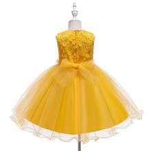 Chica Joven Vestido de fiesta con cuenta de perla con lazo delantero bajo con malla - Amarillo - Ver 7
