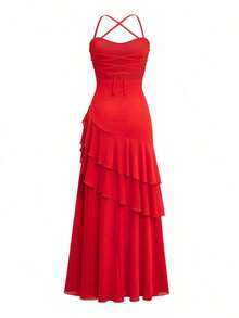 [Spring/Summer 2026 Best Sellers]Vaiaye Women's Tropical Hawaiian Bohemian Beach Vacation Maxi Dress, Solid Color Elegant Spaghetti Strap Backless High Slit Hem, Suitable Valentine's Day(Sequins/Rhinestones/Wedding Guest/Bodycon) - 紅色 - 查看 5