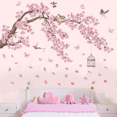 Pegatinas de pared con ramas de árbol rosa y verde, decoración de paisaje de flores de cerezo de primavera y verano para baño, dormitorio, sala de estar y decoración del hogar