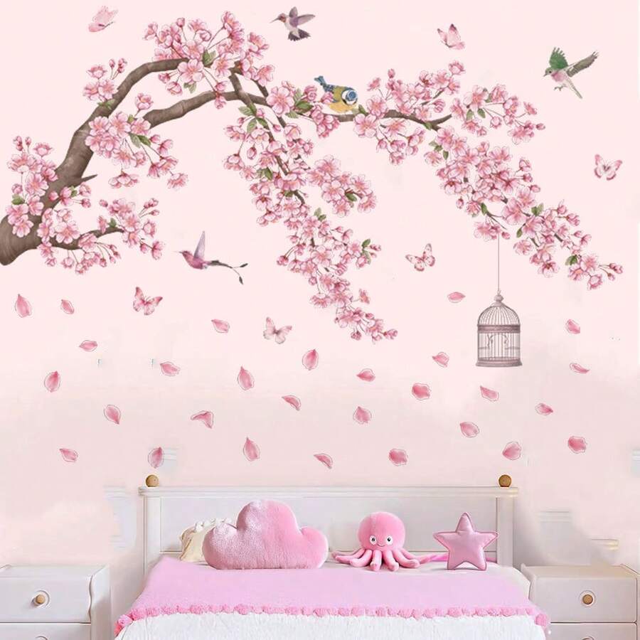 Pink & Green Tree Branch Wall Stickers, Decorative Spring/Summer Sakura Scenery For Bathroom, Bedroom, Living Room - Multicolor - View 1