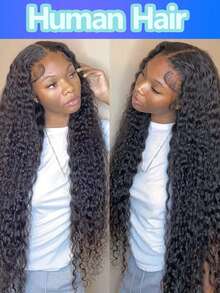 长款波浪卷发蕾丝前假发，真人发丝，4x4高清透明蕾丝，水波纹免胶假发，150%密度，湿润波浪卷发蕾丝前假发，适合女性日常佩戴 - Natural Black - 查看 3