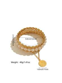 1 chiếc vòng tay mặt dây chuyền hình đồng xu mạ vàng bằng hợp kim đồng, đính ngọc trai giả, kiểu dáng dễ thương, thích hợp cho nữ giới đeo hàng ngày, làm quà tặng ngày lễ. - Vàng - Xem 4