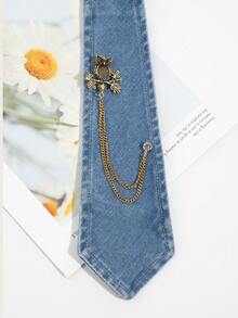 1pc Unisex Fashion Casual Minimalist Denim Style Owl & Leopard Head Chain Decor Clip-On Tie, Comfortable Versatile For Daily, Party, Date Matching - Blue - View 5