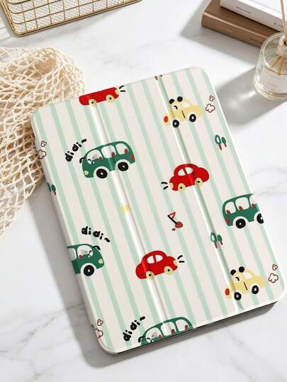 1pc Striped Green Cartoon Car Painted Tablet Case, Compatible With IPad Mini4/Mini5/Mini6/Mini7/Air/Air2/9.7/10.2/10.5/Air4/Air5/10.9/Pro 11-Inch/10th Gen/ Air 11-In.(M2)-2024/ Pro11-In.(M4)-2024/Air 11-Inch (M3) 2025/ (A16) 11 Inch 11th Generation 2025/ Air 8(M4)2026(11-Inch), Galaxy Tab A8 10.5 Inch 2022, Built-In Pencil Slot, 3-Fold Stand, TPU Soft Edge Protection, Magnetic Sleep/Wake, Minimalist/Creative/Fun/Personalized/Childlike Design, Folding Tablet Case With Pencil Slot