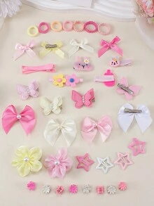 594件套甜美粉色梦幻女孩发饰套装，包含雪纺花朵发夹、珍珠蝴蝶结发夹、星星发夹、卡通发夹、珍珠蝴蝶发夹、迷你花朵发爪、高弹力不伤发发圈，适合女孩派对、日常佩戴和送礼。 - 彩色 - 查看 9