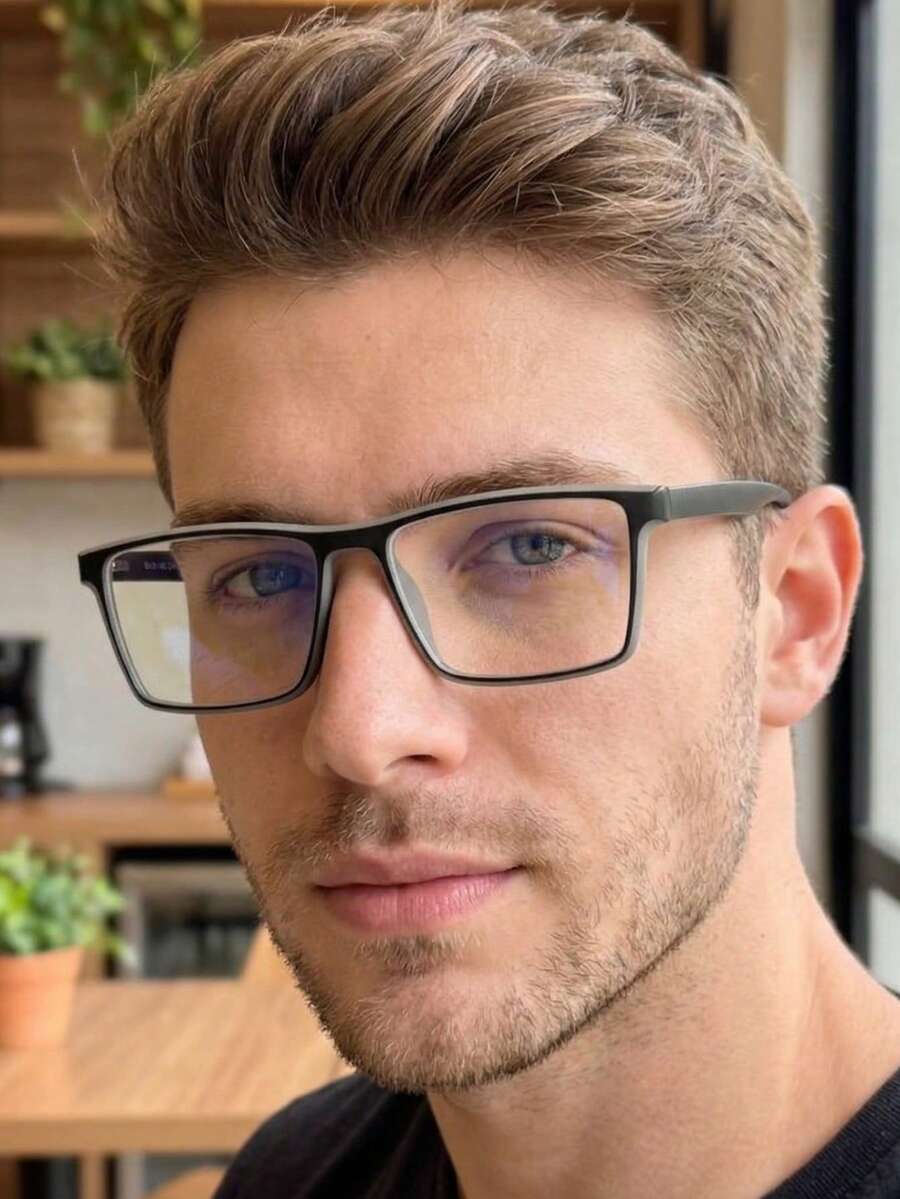 Rectangular Eyeglass Frame For Men, Classic Shape, Casual, Elegant, Durable, Mood, Exclusive Basic Men's, Father's Day Gift, Romeo Model, Made Of Durable And Comfortable Resin - 黑色與灰色 - 查看 1