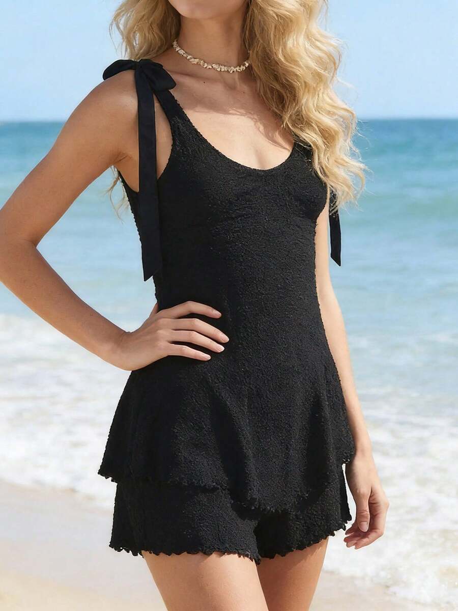 Conjuntos de verano para mujer: tops sin espalda con tirantes anudados y shorts elásticos con ribete de lechuga, ideales para salir de fiesta. - Negro - Ver 1