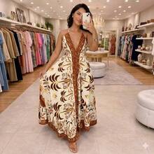 Dress, Random Print, Fabric, Backless / Bare Back, Beach - Pale Yellow - View 1