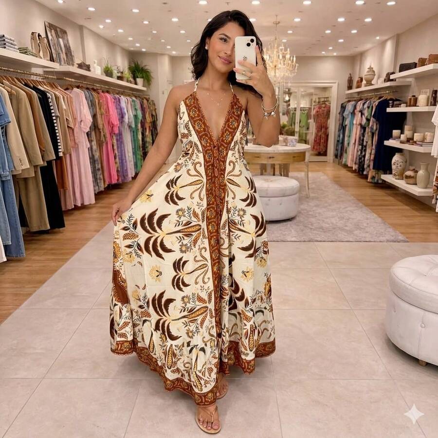 Dress, Random Print, Fabric, Backless / Bare Back, Beach - Pale Yellow - View 1