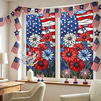 1/4pcs4th Of July American Flag Peel And Stick Window Privacy Film Stained Glass Style For Living Room Bedroom Home Wedding Decor