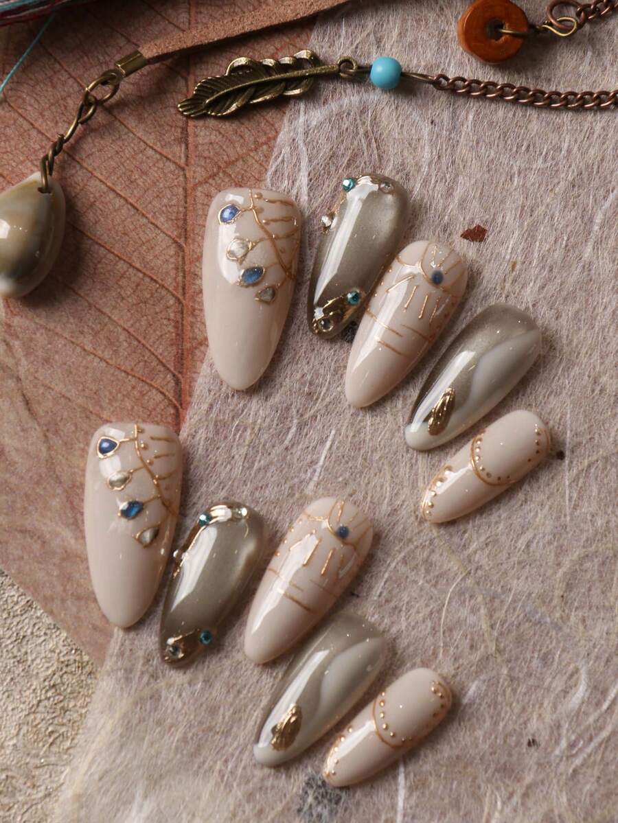 10pcs Press On Nails Nails Press On Nail Supplies Long Almond Beige Green Cat's Eye Golden Line Nails Fake Nails Artificial Nails Kit Includes 1sheet Adhesive Tabs &1 Pc Mini File - Multicolor - View 1