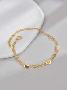 1pc Stainless Steel Heart & Seashell Design Women's Double Layer Bracelet, Simple Style Valentines,Mom,Mother,Mother's Day,Gift - Yellow Gold - View 1