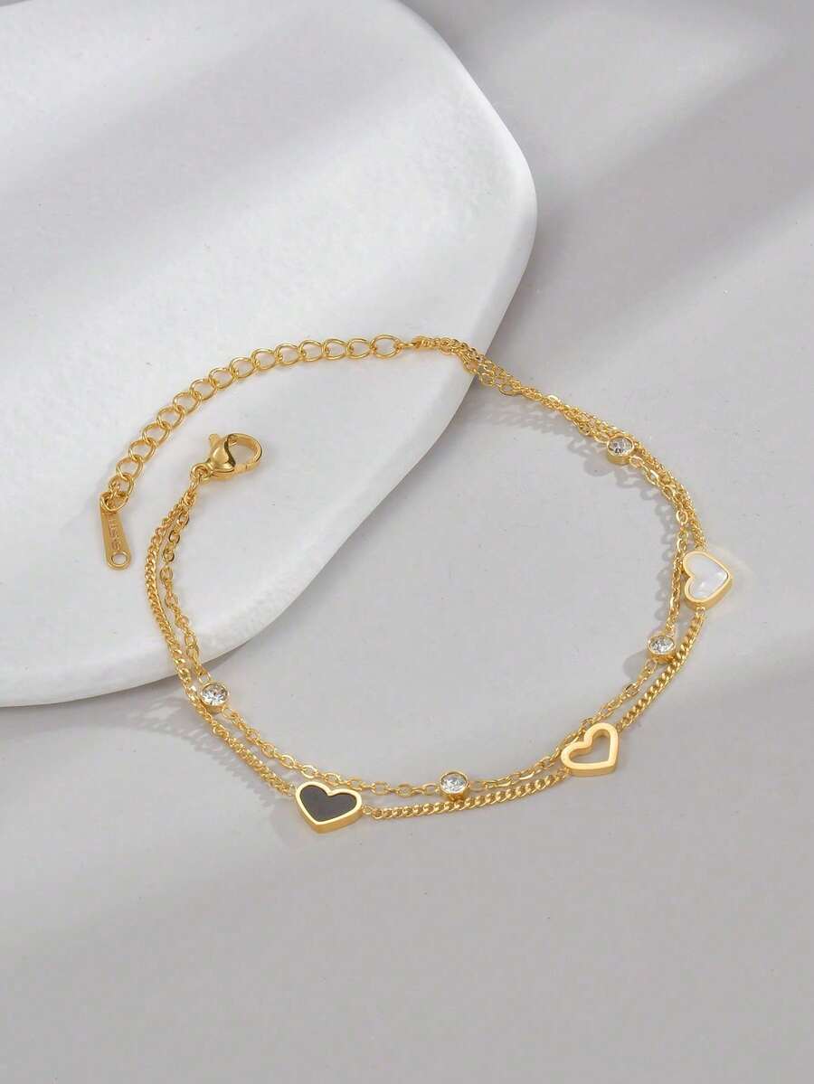 1pc Stainless Steel Heart & Seashell Design Women's Double Layer Bracelet, Simple Style Valentines,Mom,Mother,Mother's Day,Gift - Yellow Gold - View 1