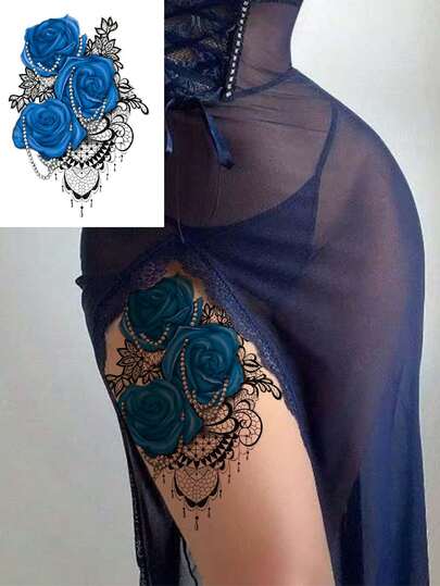 1张蓝色花卉蕾丝图案临时纹身贴纸，适用于手臂和身体，一次性防水防汗，技术纹身，半永久纹身，逼真纹身