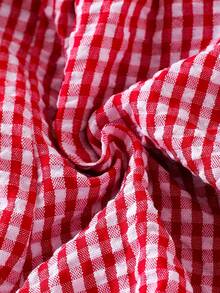 Conjunto de 2 piezas para niña bebé: mono con bordado de fresa, estampado a cuadros, encaje calado, mangas volantes, espalda descubierta y bajo con volantes, con diadema de lazo extragrande, estilo enérgico, lindo, fresco y pastoral - Rojo - Ver 9
