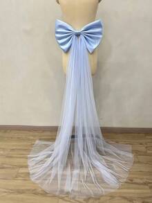 1件女款蝴蝶結拖尾禮服，白色、黑色、紅色、淺藍色、粉色、香檳色，蕾絲露背蝴蝶結拖尾，晚禮服裝飾，可拆卸新娘腰部蝴蝶結配件 - 彩色 - 查看 14