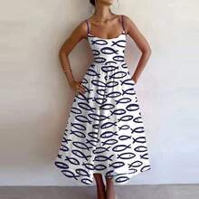 2026 Spring New Women's Clothing, Cross-Border European And American Dress, Sexy Waist-Cinching Pleated Solid Color Large Hem Strap Dress - 白底藍魚 - 查看 12