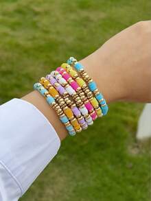 imoli 7件套波西米亚风软陶珠手链套装，适合女性日常叠戴，亦可作为海滩度假首饰礼品。 - 彩色 - 查看 2