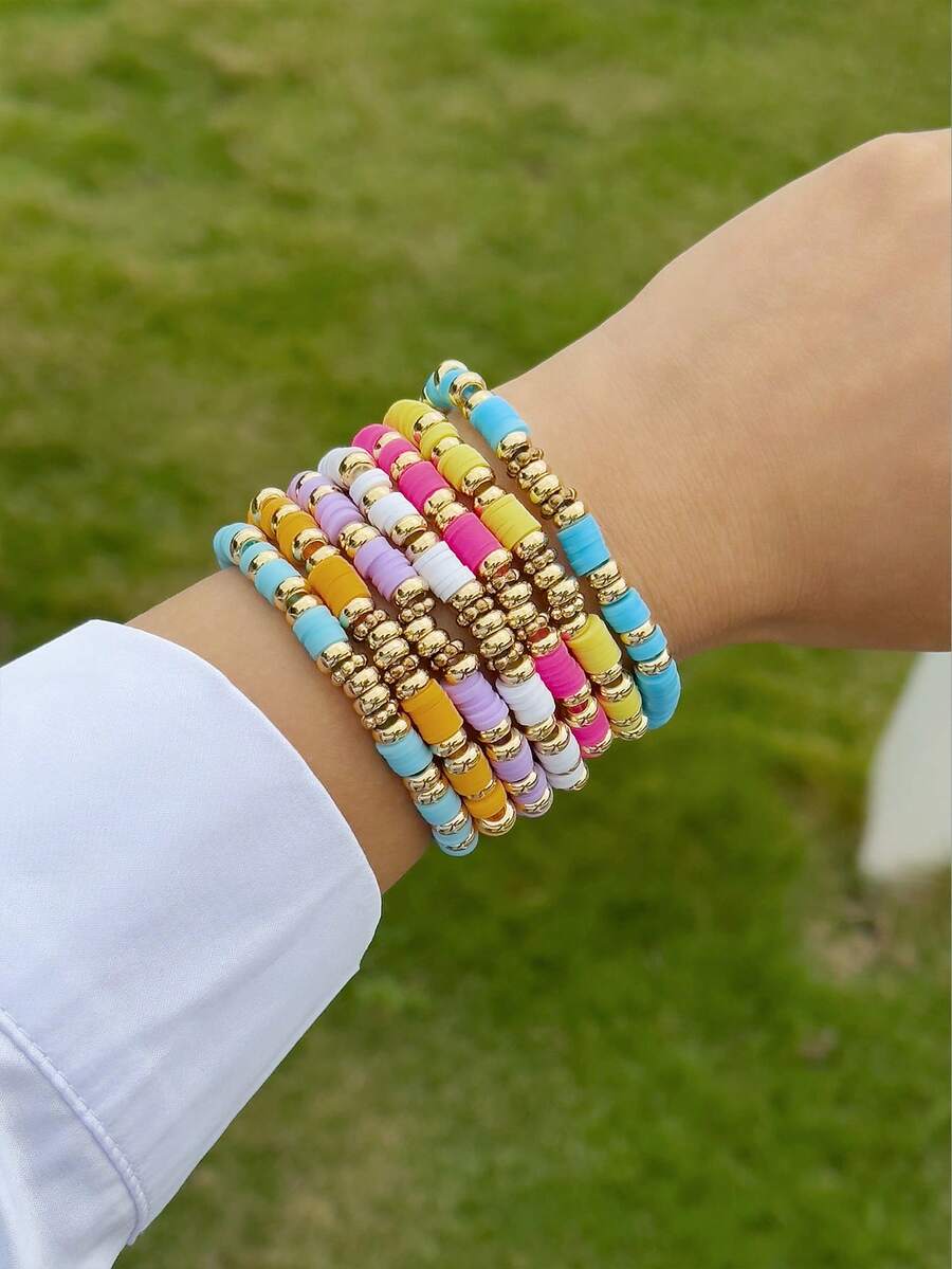 imoli 7件套波西米亚风软陶珠手链套装，适合女性日常叠戴，亦可作为海滩度假首饰礼品。