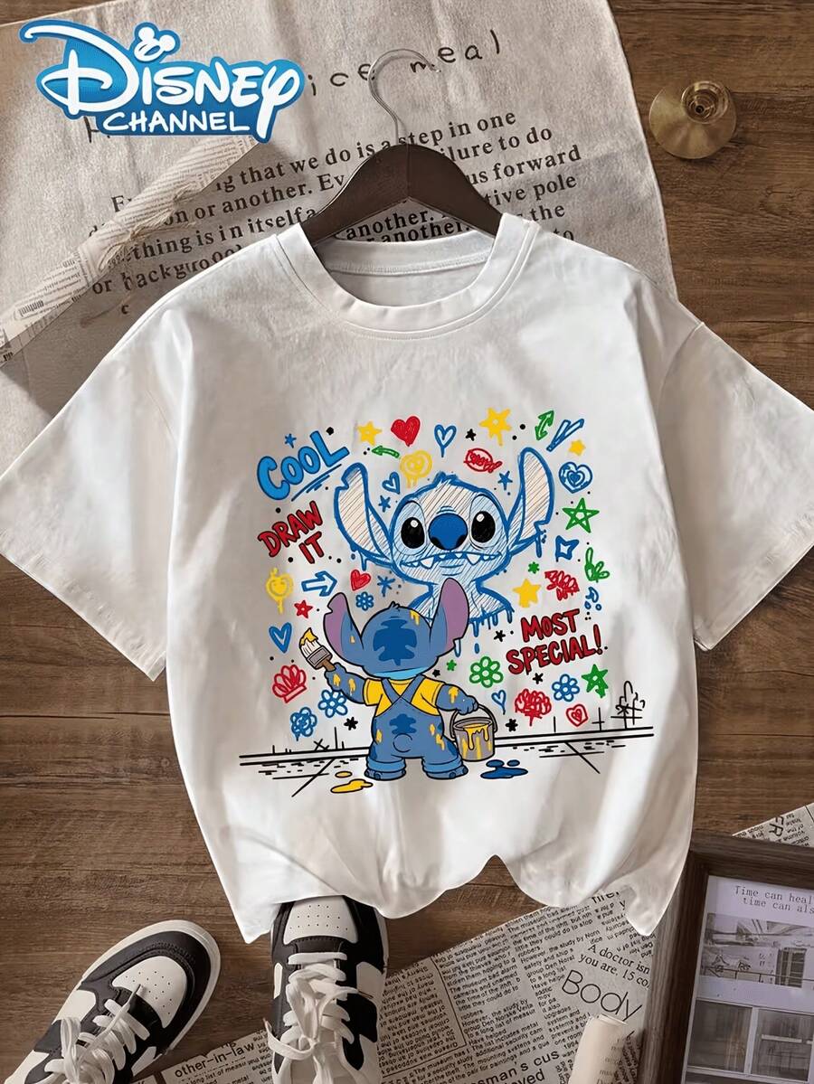Disney License T Shirts, Disney Lilo & Stitch Stitch Graffiti Art Graphic T-Shirt, Women's Casual Crew Neck Short Sleeve Tee, Cute Stitch Painting "Cool Draw It Most Special" Print Cotton Top, Playful Artistic Casual Summer Everyday Wear Shirt ,Camiseta, Summer Outfits For Women, Summer Clothes, Summer Tops, Tops For Women, Festival Outfits, Summer Tops For Women, Mother's Day, Mother's Day Clothing, Gifts For Family And Friends, Spring Outfits For Women, Officially Licensed Disney T-Shirts, Disney Men's And Women's Spring/Summer Fashion Casual Short-Sleeve T-Shirts - trắng - Xem 1