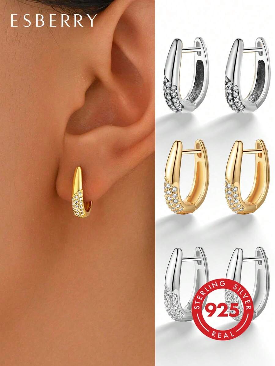 ESBERRY 1 Đôi bông tai vòng tối giản đính đá Zirconia, trang sức bạc 925, thích hợp đeo hàng ngày, quà tặng sinh nhật/Ngày Valentine, món quà trang sức thanh lịch. - Bông tai đính kim cương - Xem 1