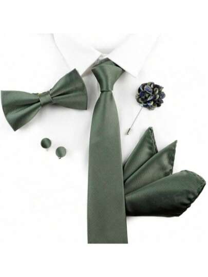 Bộ 4 món dành cho nam giới, kiểu dáng công sở cổ điển, màu trơn gồm cà vạt + nơ + khăn cài túi + khuy măng sét + trâm cài áo, phù hợp cho đám cưới, lễ kỷ niệm và mặc vest hàng ngày.