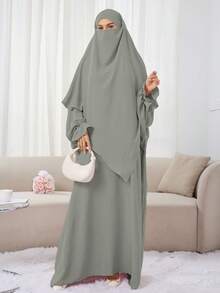 Set de 2 piezas Vestido de oración de unicolor elegante para mujeres musulmanas con pañuelo a juego de una sola capa, Abaya clásica y versátil para uso diario, salidas, oración, artículo esencial de viaje, toalla de playa - Multicolor - Ver 18