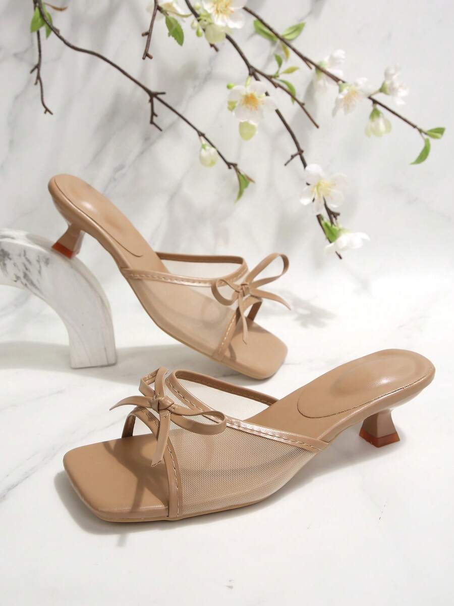 Giày sandal cao gót màu trơn thanh lịch dành cho nữ, chất liệu da PU và lưới phối hợp, thích hợp đi biển, dự tiệc, hoạt động ngoài trời, mùa hè.