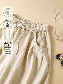 Comfortable And Casual Linen High-Waisted Stretch Trousers For Autumn And Summer Spring - Apricot - View 1