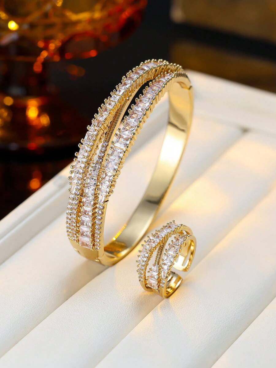 2pcs Luxurious Zirconia Inlaid Multi-Layer Bracelet & Ring Set, Elegant Design For Women, Suitable For Commuting, Dating, Party, Gift