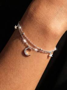 1 chiếc vòng tay bạc Sterling S925 hình ngôi sao và mặt trăng, vòng tay hai lớp lấp lánh thanh lịch dành cho nữ, phụ kiện thời trang tối giản tinh tế hình ngôi sao và mặt trăng theo phong cách . - ngôi sao và mặt trăng - Xem 2