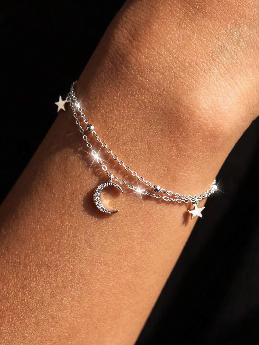 1 chiếc vòng tay bạc Sterling S925 hình ngôi sao và mặt trăng, vòng tay hai lớp lấp lánh thanh lịch dành cho nữ, phụ kiện thời trang tối giản tinh tế hình ngôi sao và mặt trăng theo phong cách .