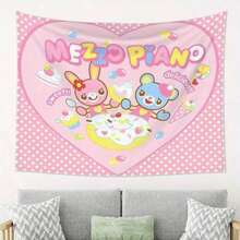 Mezzo Piano Wall Tapestry - Whimsical Pink Heart Design With Cute Bunny & Bear Illustrations, Lightweight Polyester Fabric, Bedroom & Living Room Decor, IndoorOutdoor Use, Bedroom Wall Art Playful Room Decor Durable Wall Fabric, Cute Room Decor - 1PC - 查看 1
