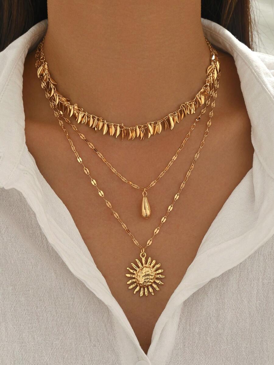3pcs/Set Vintage Luxury Gold Leaf Tassel Chain Layered Teardrop Pendant Necklace, Fashionable Jewelry Suitable For Daily Wear, Parties, Music Festivals, Adjustable Chain Length - Gold - View 1