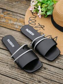 Plus Size EU35-43 Summer New Open Toe Black PU Women's Sandals, Hollow Out Rhinestone Criss-Cross Strap Flat Slippers, European And American Fashion Square Toe H-Type Open Toe Beach Soft Bottom Ladies Flat Sandals - Black PU - View 6