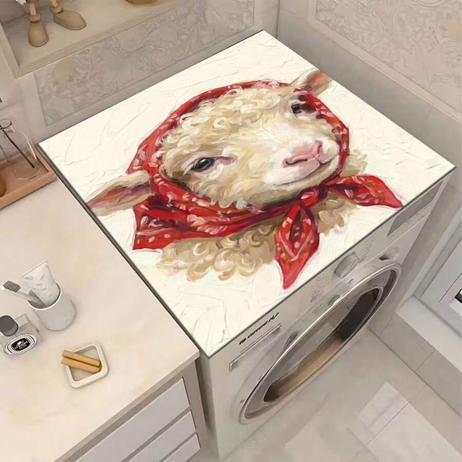 1pc Unique Design Red Headscarf Lamb Pattern Non-Slip Washing Machine Mat, Rubber Material, Heat Resistant And Washable, Suitable For Washing Machine, Dryer, Kitchen Draining Mat, Drying Mat, Countertop Heat Resistant Mat, Coffee Bar Decor, Laundry Room Decor, Friendly Gift For Friends - A Sheep With a Crooked Smile - View 1