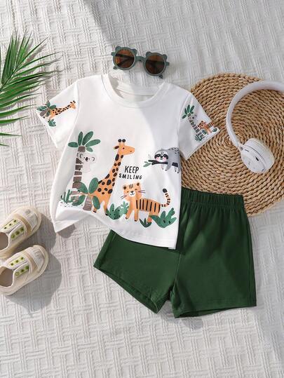 2pcs/Set European And American Style Toddler Boys' Animal Park Graphic T-Shirt And Elastic Waist Shorts Set, Summer Lightweight Giraffe & Tiger Print Short Sleeve Tee And Shorts Outfit, Newborn Infant Gentleman Cute Sportswear Suit For Outdoor, Daily, Party, Gift