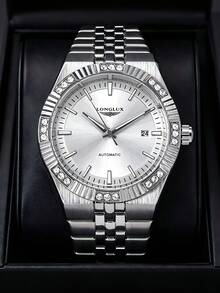 1枚男士自动机械表，奢华镶钻钢表带商务日历腕表，适合日常佩戴和送礼。 - 白色 - 查看 2