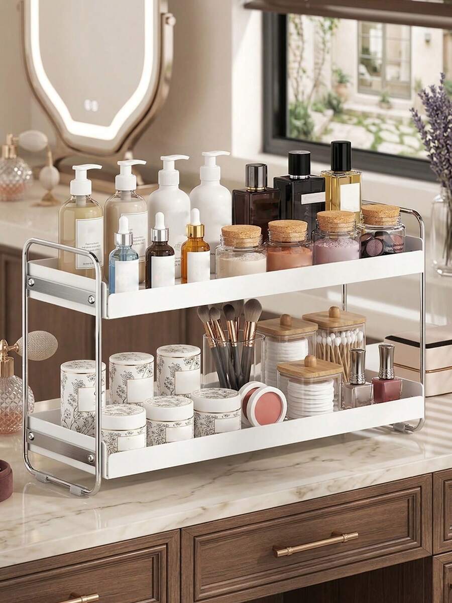 Organizador de encimera de baño de 2 niveles, estantería de almacenamiento para el tocador para ahorrar espacio, estantería de almacenamiento para cosméticos, cuidado de la piel y maquillaje - Multicolor - Ver 1