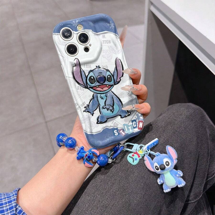 Disney Has Authorized, Phone Case - Chain Set, The Stitch Lilo & Stitch Phone Case Plus A Silicone 3D Or Fluffy Style Stitch Bracelet With Metallic Ring Removable Bracelet, Stitch And Angel Pattern, Compatible With Iphone 17/16/15/14/13/12/11/XS/XR/X Plus Pro Max, Wavy Design Phone Case For Girl, A Stylish Cartoon Summer Phone Case, The Perfect Gift Choice, Phone Protection, Durable Phone Cover, Great Gift For Friends And Family - Kiểu trắng B - Xem 1